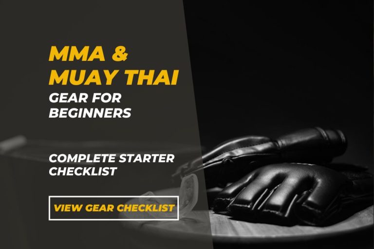 Beginner MMA and Muay Thai training gear including gloves, hand wraps, shin guards and mouthguard