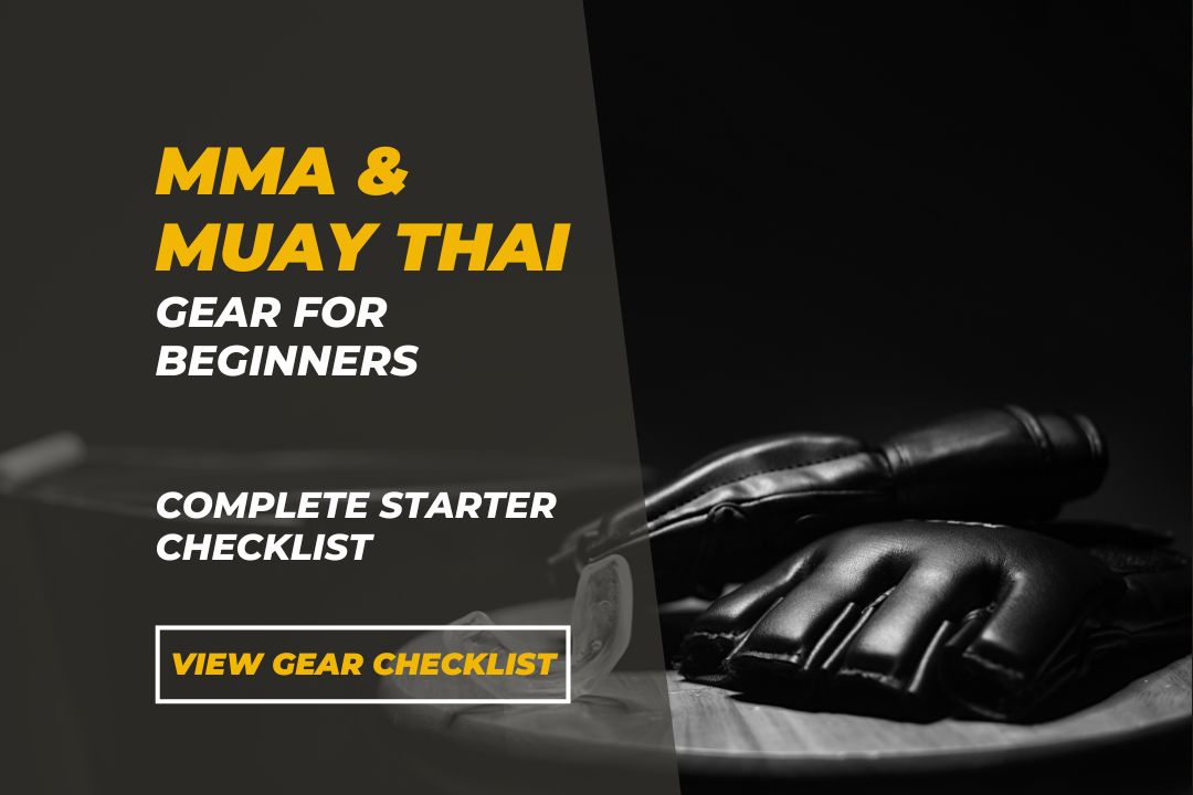 Beginner MMA and Muay Thai training gear including gloves, hand wraps, shin guards and mouthguard